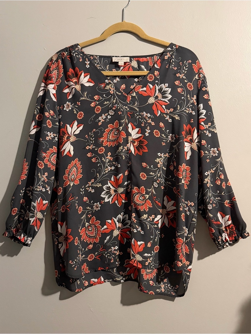 LOFT Outlet Charcoal Gray Rust Orange 3/4 Sleeve V Neck Casual Office Blouse